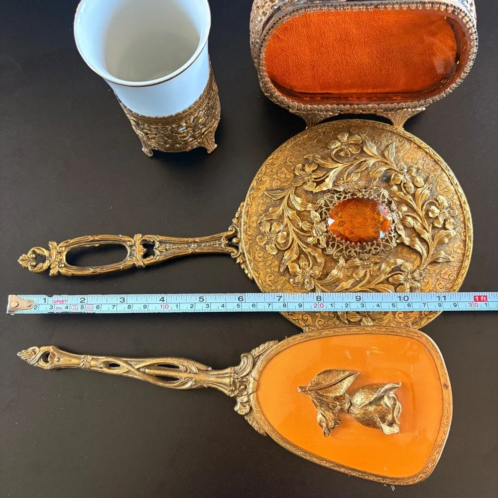 Antique vanity set trinkets case hand mirror‎ brush cup 4 pc amber glass